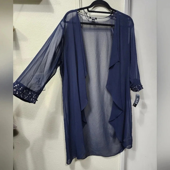 Womens Chiffon SLNY Deep Navy Beaded Cuff Dress Cover Up Size 16 - Picture 3 of 8